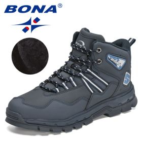 BONA 2022 New Designers Action Leather Plush Hiking Boots High Top Walking Shoes Men Work Mountain Sport Ankle Boots Mansculino (Color: Deep blue S gray, size: 8)