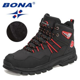 BONA 2022 New Designers Action Leather Plush Hiking Boots High Top Walking Shoes Men Work Mountain Sport Ankle Boots Mansculino (Color: Charcoal grey red, size: 10.5)