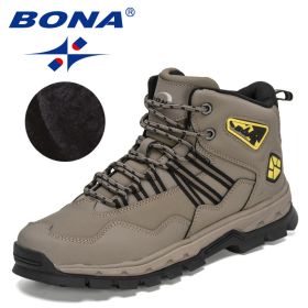 BONA 2022 New Designers Action Leather Plush Hiking Boots High Top Walking Shoes Men Work Mountain Sport Ankle Boots Mansculino (Color: Medium grey black, size: 8.5)