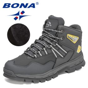 BONA 2022 New Designers Action Leather Plush Hiking Boots High Top Walking Shoes Men Work Mountain Sport Ankle Boots Mansculino (Color: Dark grey yellow, size: 8)