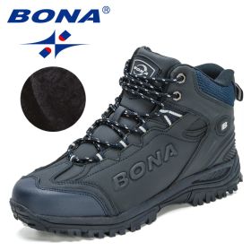 BONA 2022 New Designers Popular Hiking Boots Men Snow Warm Sneakers Man Padded Trekking Winter Action Leather High Top Footwear (Color: Deep blue S gray, size: 8)