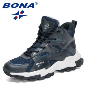 BONA 2022 New Designers Outdoor Mountain Desert Climbing Shoes Men Ankle Hiking Boots Man High Top Winter Boots Mansculino Comfy (Color: Deep blue S gray, size: 8)