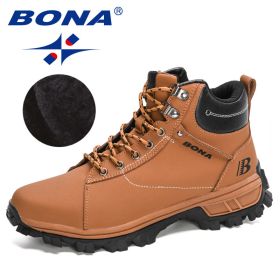 BONA 2022 NewDesigners Nubuck Sports Tactical Boots Men Hiking Mountain Shoes High Top Plush Tactical Footwear Masculino Comfy (Color: Light brown black, size: 10)