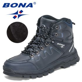 BONA 2022 New Designers Action Leather Hiking Shoes Men Winter Trekking Ankle Boots Man Top Quality Fashion Plush Boots Male (Color: Deep blue S gray, size: 8)