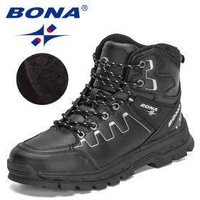 BONA 2022 New Designers Action Leather Hiking Shoes Men Winter Trekking Ankle Boots Man Top Quality Fashion Plush Boots Male (Color: Black silver gray, size: 10)