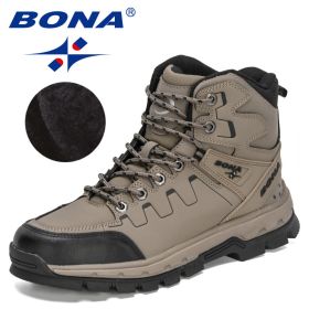 BONA 2022 New Designers Action Leather Hiking Shoes Men Winter Trekking Ankle Boots Man Top Quality Fashion Plush Boots Male (Color: Medium grey black, size: 8)