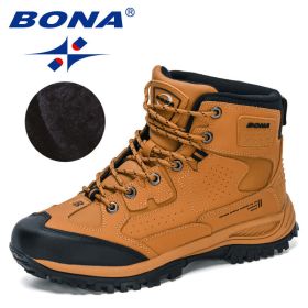 BONA 2022 New Designers Nubuck Hiking Shoes Men Non-Slip Outdoor Wear-Resistant Trekking Footwear Man High Top Plush Snow Boots (Color: Earth yellow black, size: 8)