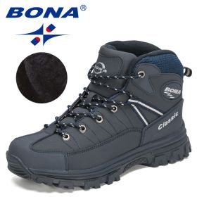 BONA 2022 New Designers Classics Winter Snow Boots Men Action Leather Super Warm Ankle Boots Man Hiking Boots Plush Shoes Male (Color: Deep blue S gray, size: 9)