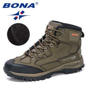 BONA 2022 New Designers Nubuck Hiking Shoes Men Non-Slip Outdoor Wear-Resistant Trekking Footwear Man High Top Plush Snow Boots (Color: Army green S gray, size: 8.5)