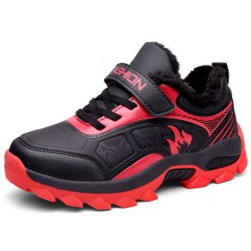 Winter Boots For Boys Anti-Skid Hiking Shoes Children Plus Fur Walking Climbing Sneakers Outdoor Sport Footwear Kids Snow Shoes (Color: Red kid shoes, size: 1)