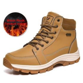 Brand Winter Leather Men Boots Plush Warm Men Snow Boots Outdoor Non-slip Hiking Boots Men Winter Shoes Men Sneakers Size 39-48 (Color: Plush Yellow, size: 11.5)