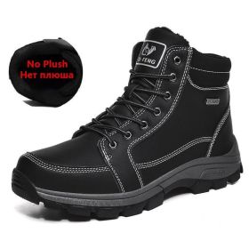 Brand Winter Leather Men Boots Plush Warm Men Snow Boots Outdoor Non-slip Hiking Boots Men Winter Shoes Men Sneakers Size 39-48 (Color: No Plush Black, size: 7)