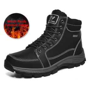 Brand Winter Leather Men Boots Plush Warm Men Snow Boots Outdoor Non-slip Hiking Boots Men Winter Shoes Men Sneakers Size 39-48 (Color: Plush Black, size: 10.5)